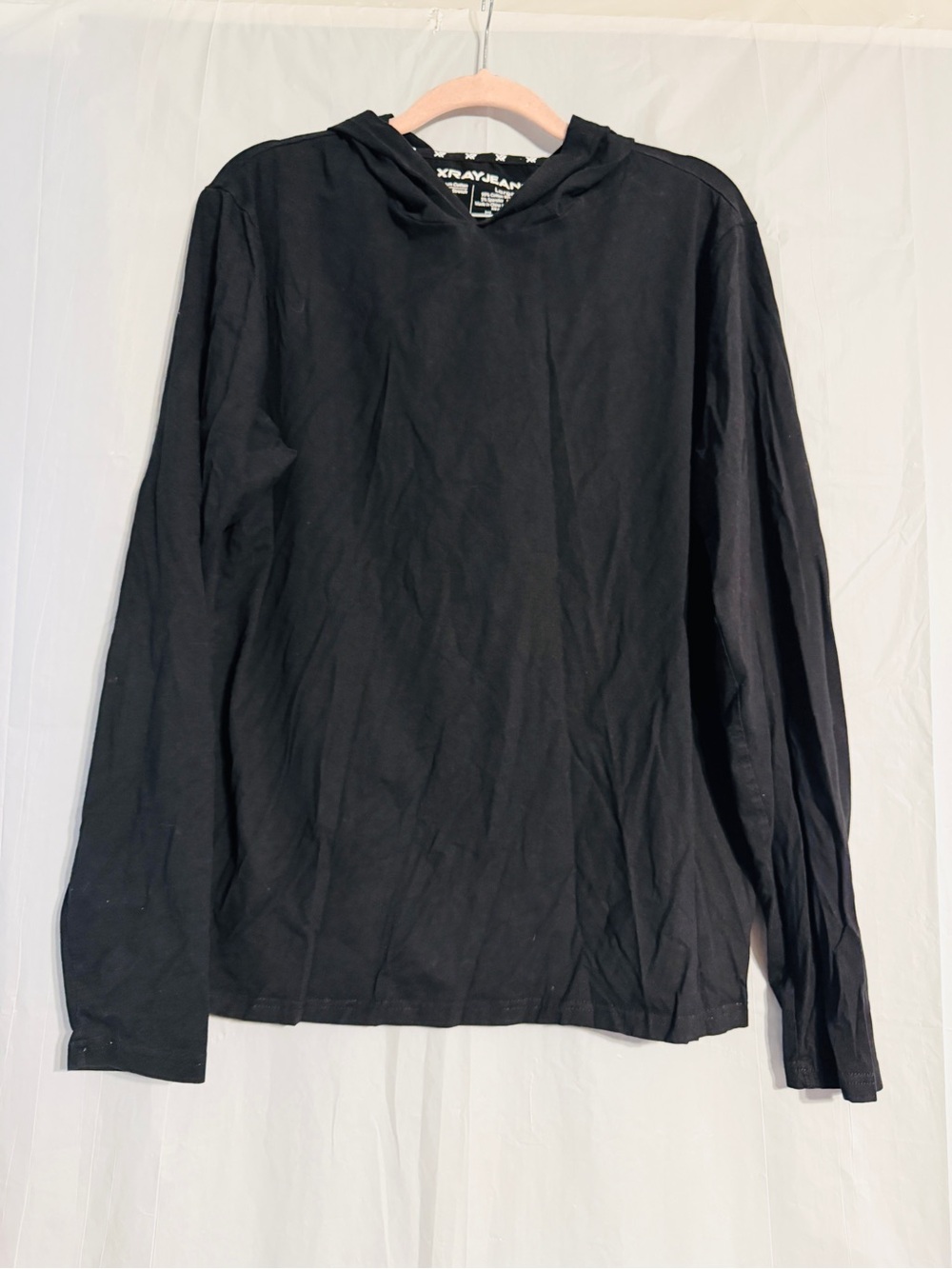 Xray Jeans Men’s Large Black Hooded Long Sleeve Stretch T-Shirt Lightweight